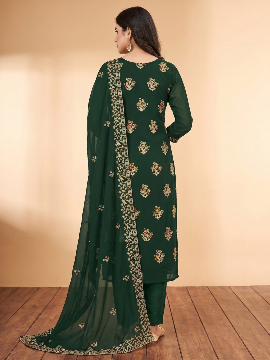Green Floral Embroidered Georgette Dress Material - Image 3