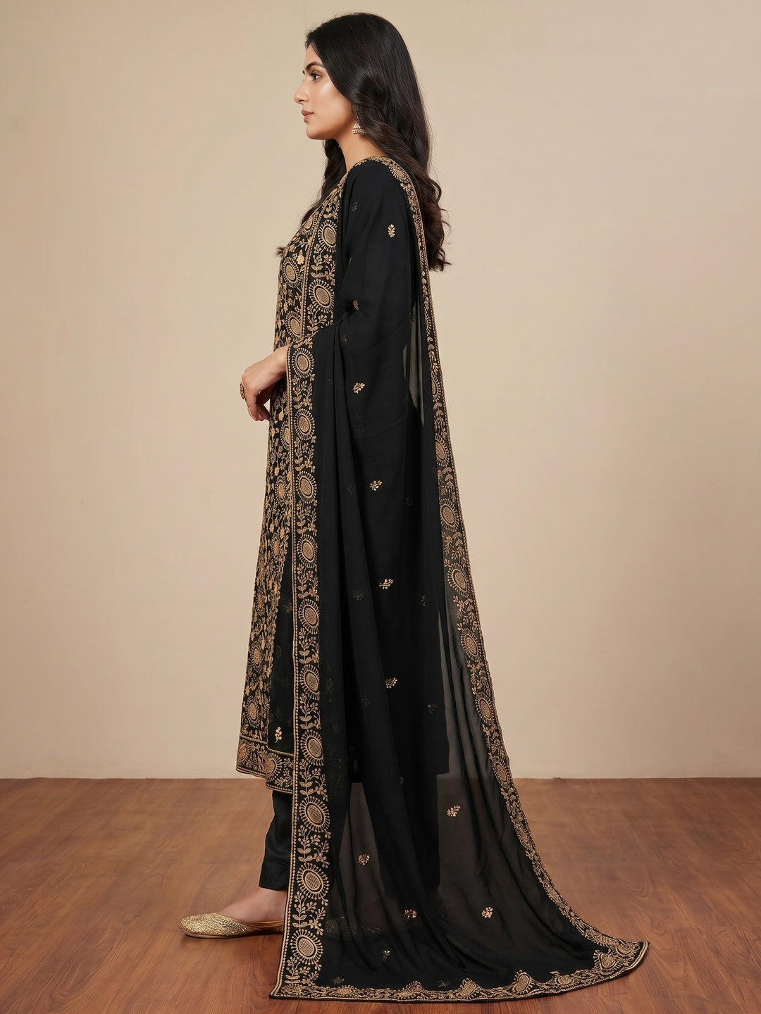 Black Floral Embroidered Georgette Dress Material - Image 3
