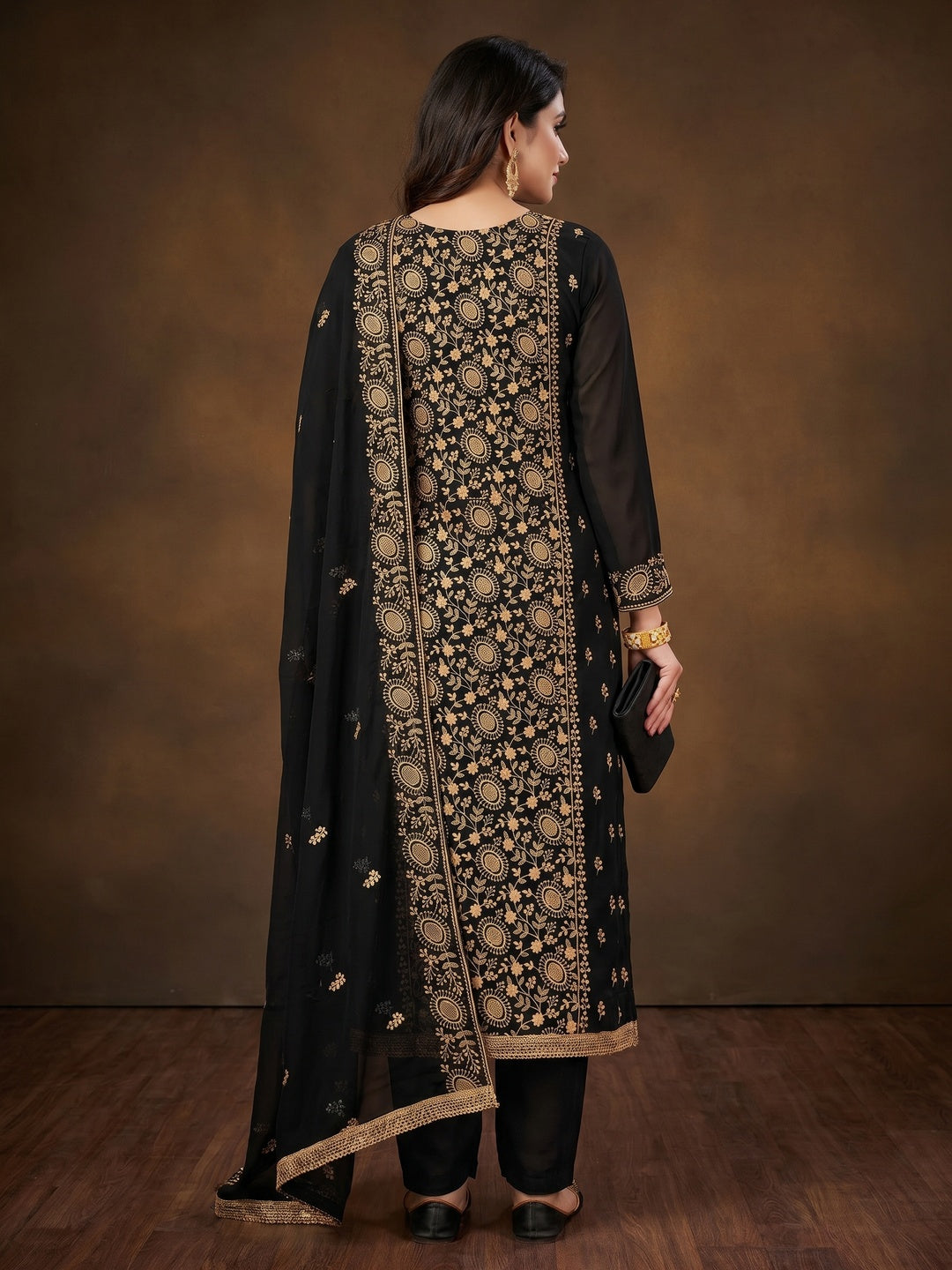 Black Floral Embroidered Georgette Dress Material - Image 2