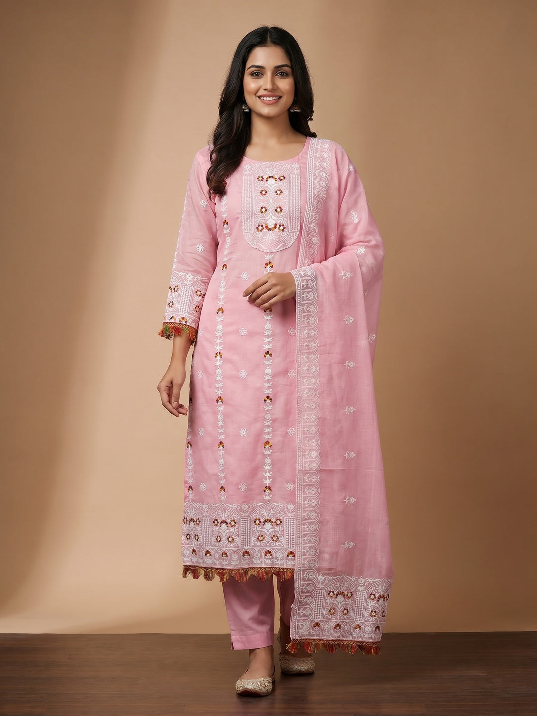 Baby Pink Floral Embroidered Chanderi Cotton Dress Material - Image 1