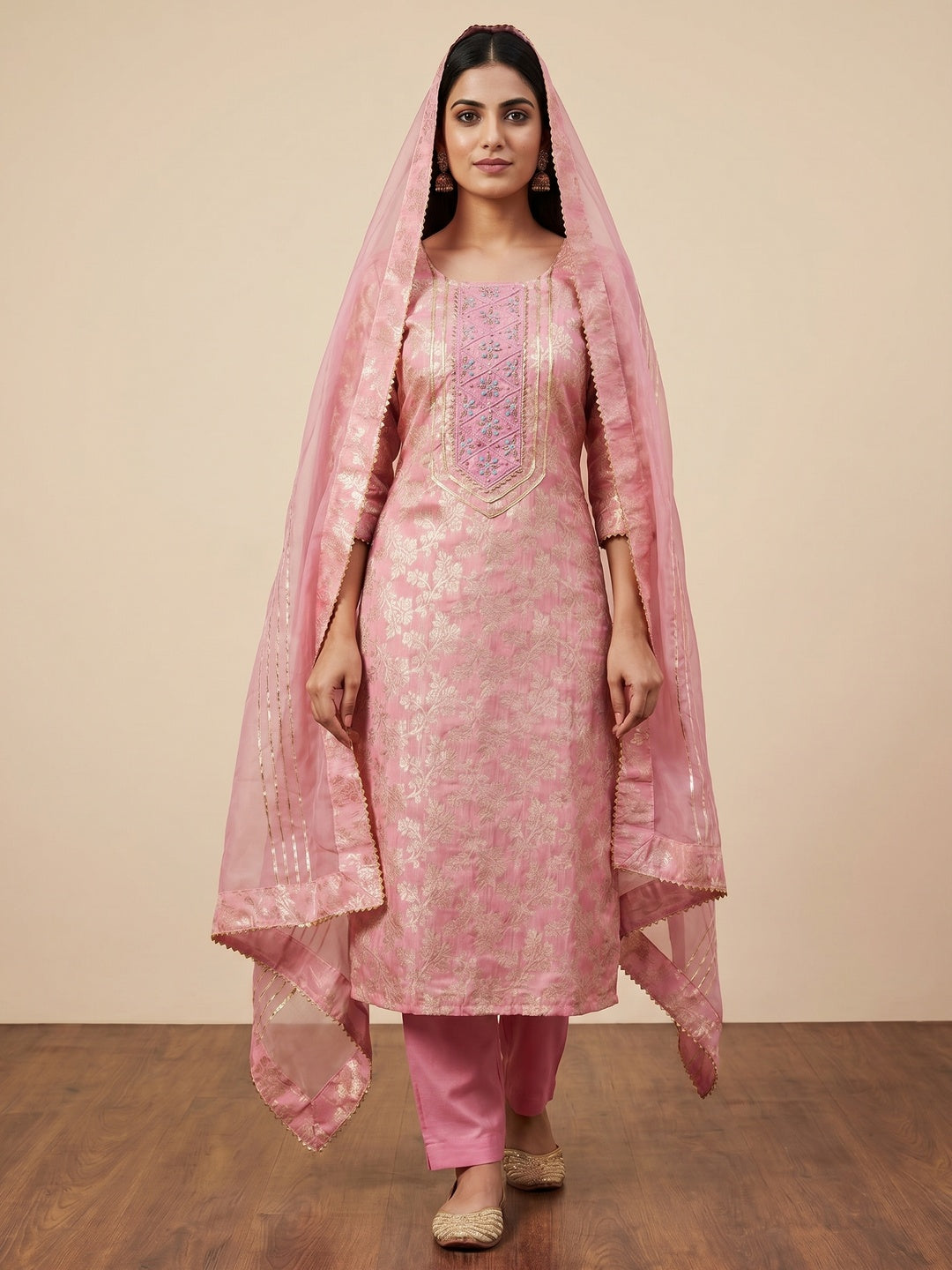 Pink Woven With Handwork Jacquard Dress Material - Image 1