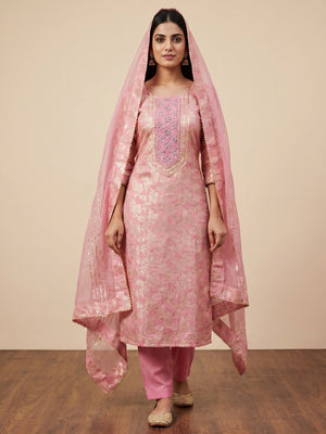 Pink Woven With Handwork Jacquard Dress Material - Image 1