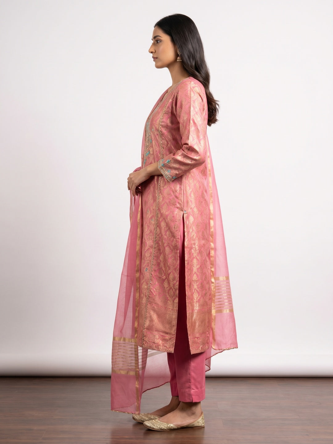 Pink Woven With Handwork Jacquard Dress Material - Image 3