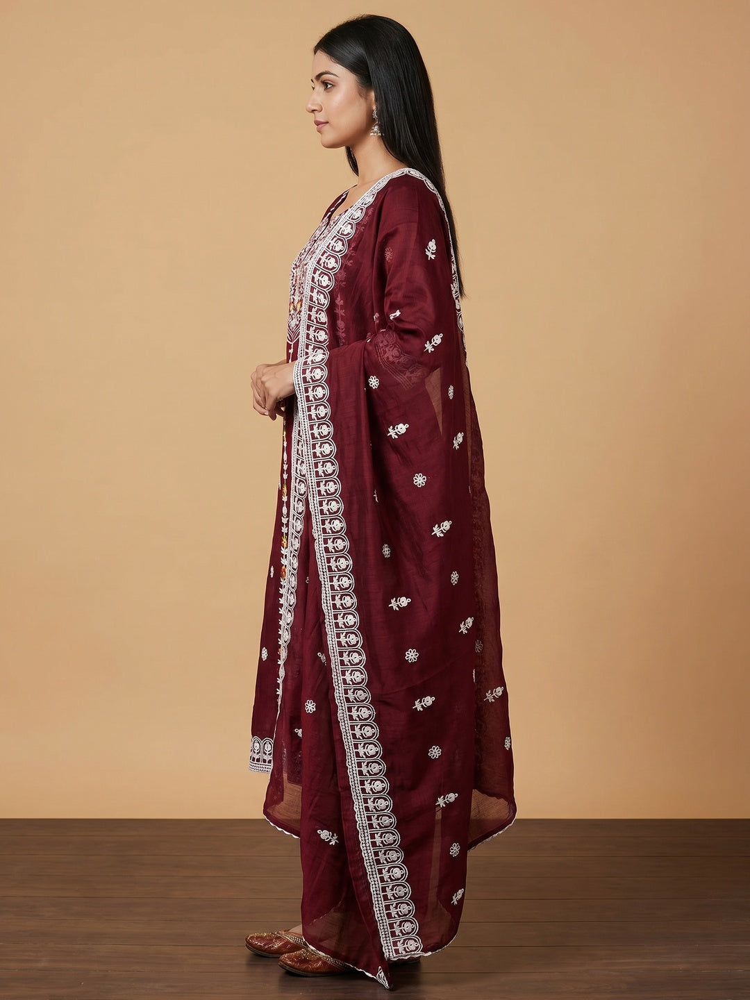 Maroon Floral Embroidered Chanderi Cotton Dress Material - Image 2
