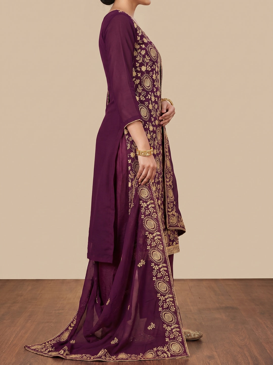 Purple Floral Embroidered Georgette Dress Material - Image 3