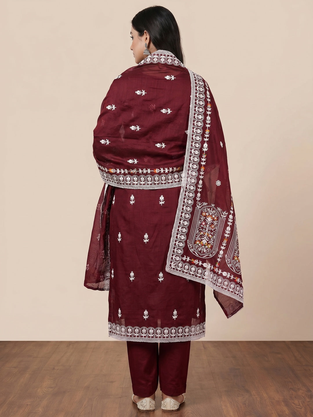 Maroon Floral Embroidered Chanderi Cotton Dress Material - Image 3
