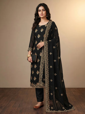 Black Floral Embroidered Georgette Dress Material - Image 1