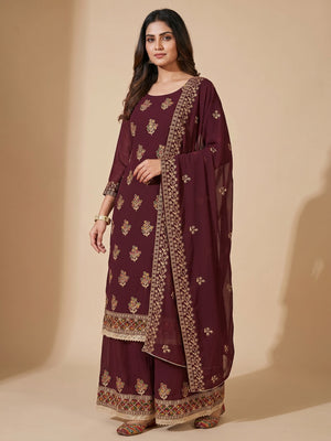 Maroon Floral Embroidered Georgette Dress Material - Image 1