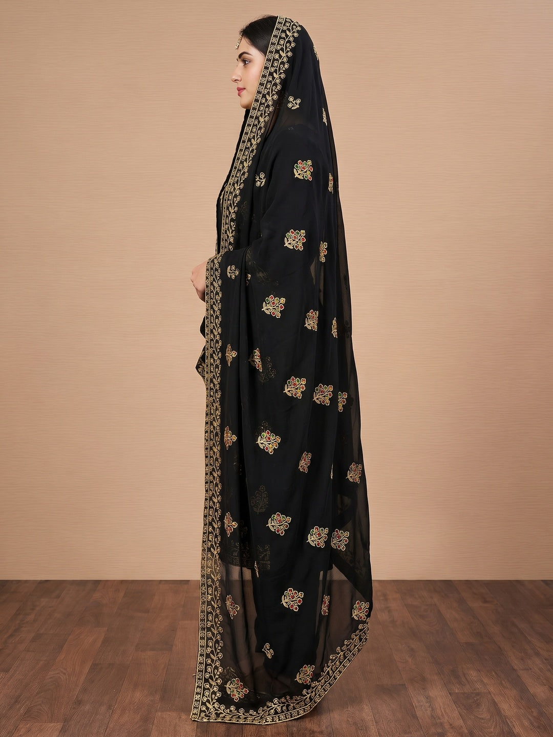 Black Floral Embroidered Georgette Dress Material - Image 2