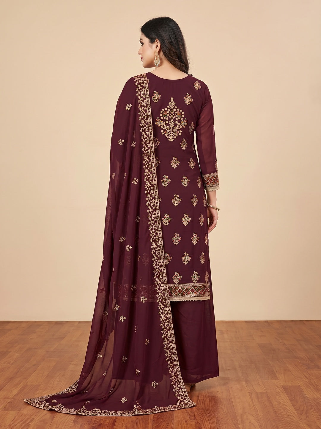 Maroon Floral Embroidered Georgette Dress Material - Image 2