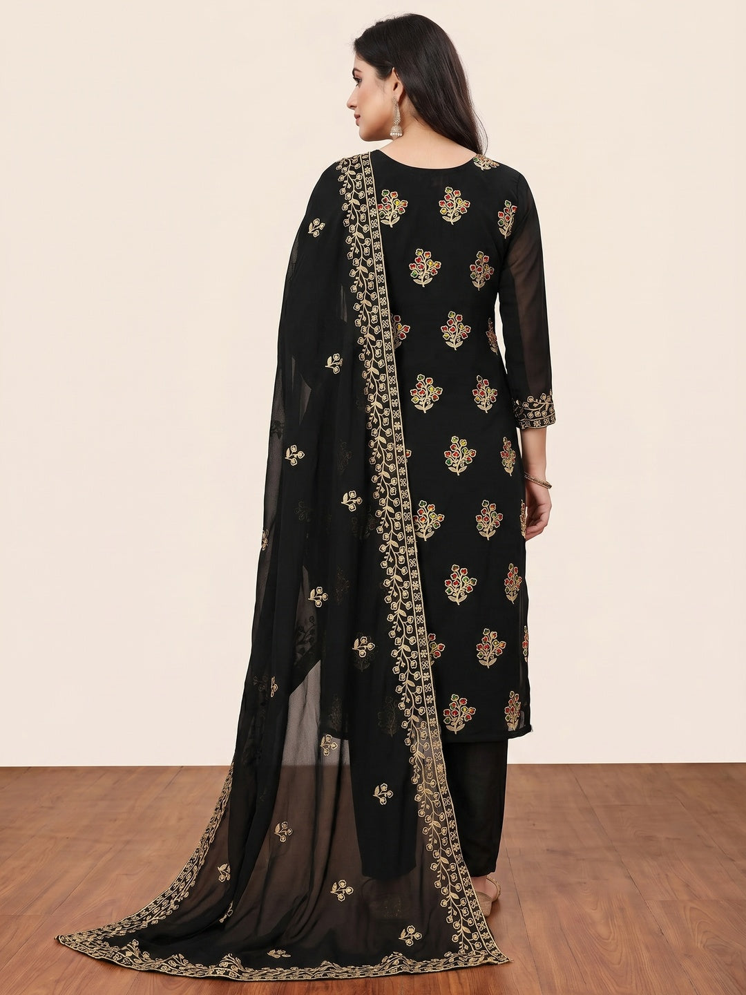 Black Floral Embroidered Georgette Dress Material - Image 3