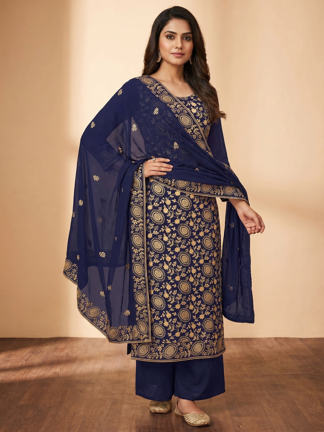 Navy Blue Floral Embroidered Georgette Dress Material - Image 1