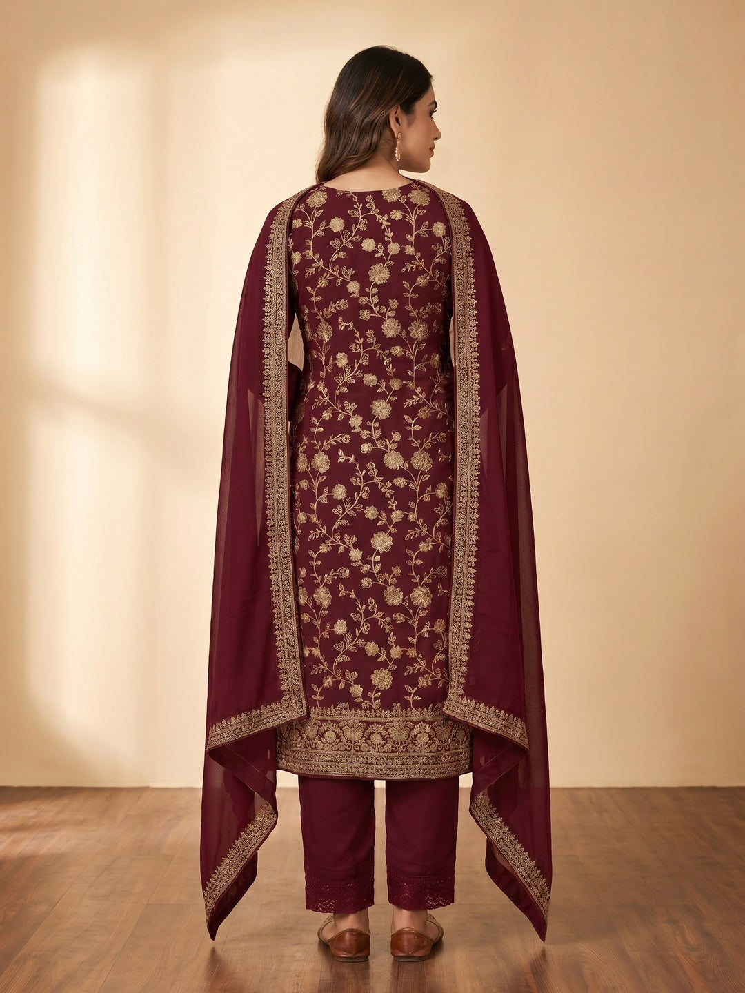 Maroon Floral Embroidered Georgette Dress Material - Image 3