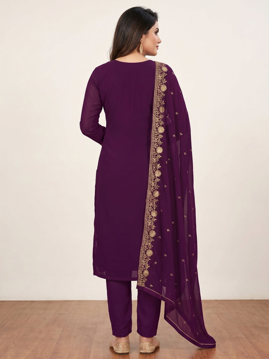 Purple Floral Embroidered Georgette Dress Material - Image 3