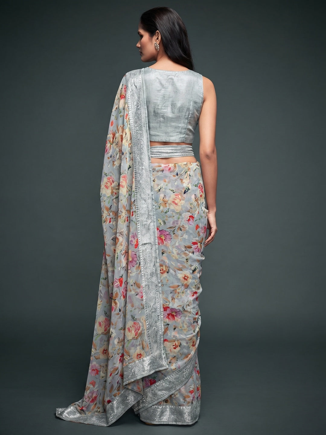 Grey Floral Printed Georgette Saree - Image 1