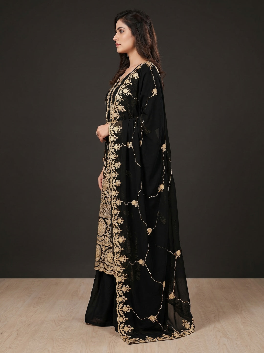 Black Floral Embroidered Georgette Dress Material - Image 2