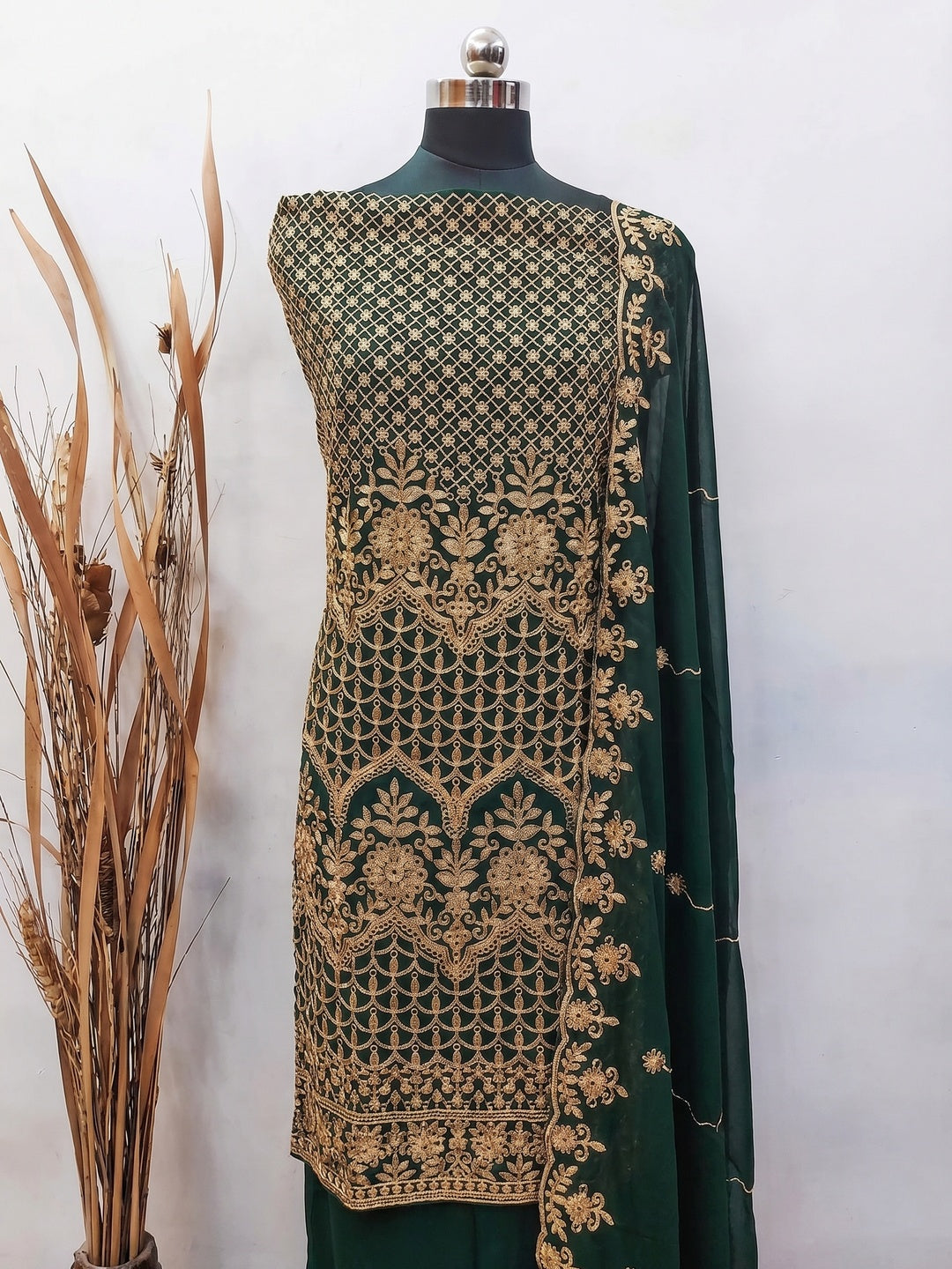Green Floral Embroidered Georgette Dress Material - Image 1