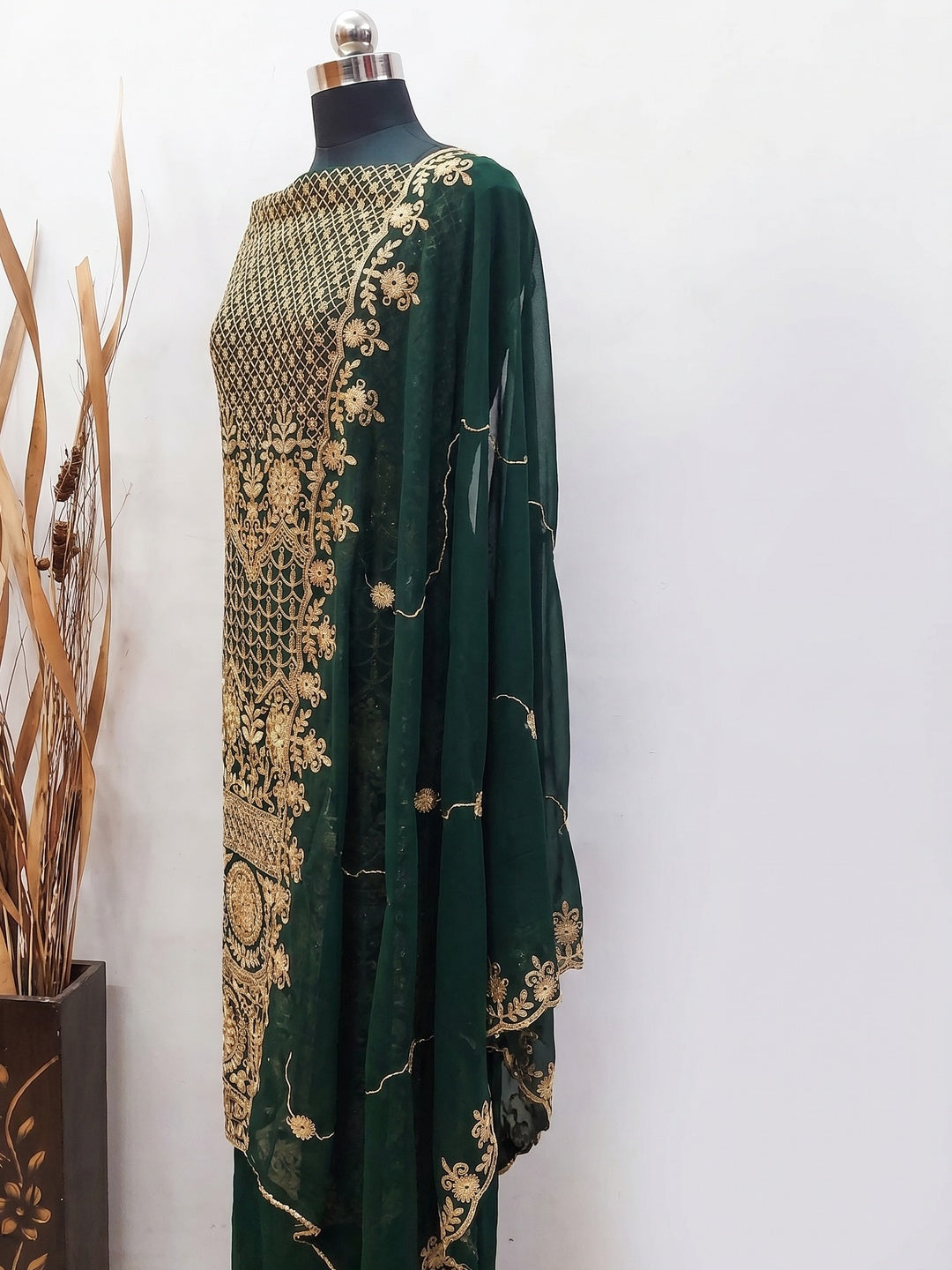 Green Floral Embroidered Georgette Dress Material - Image 3