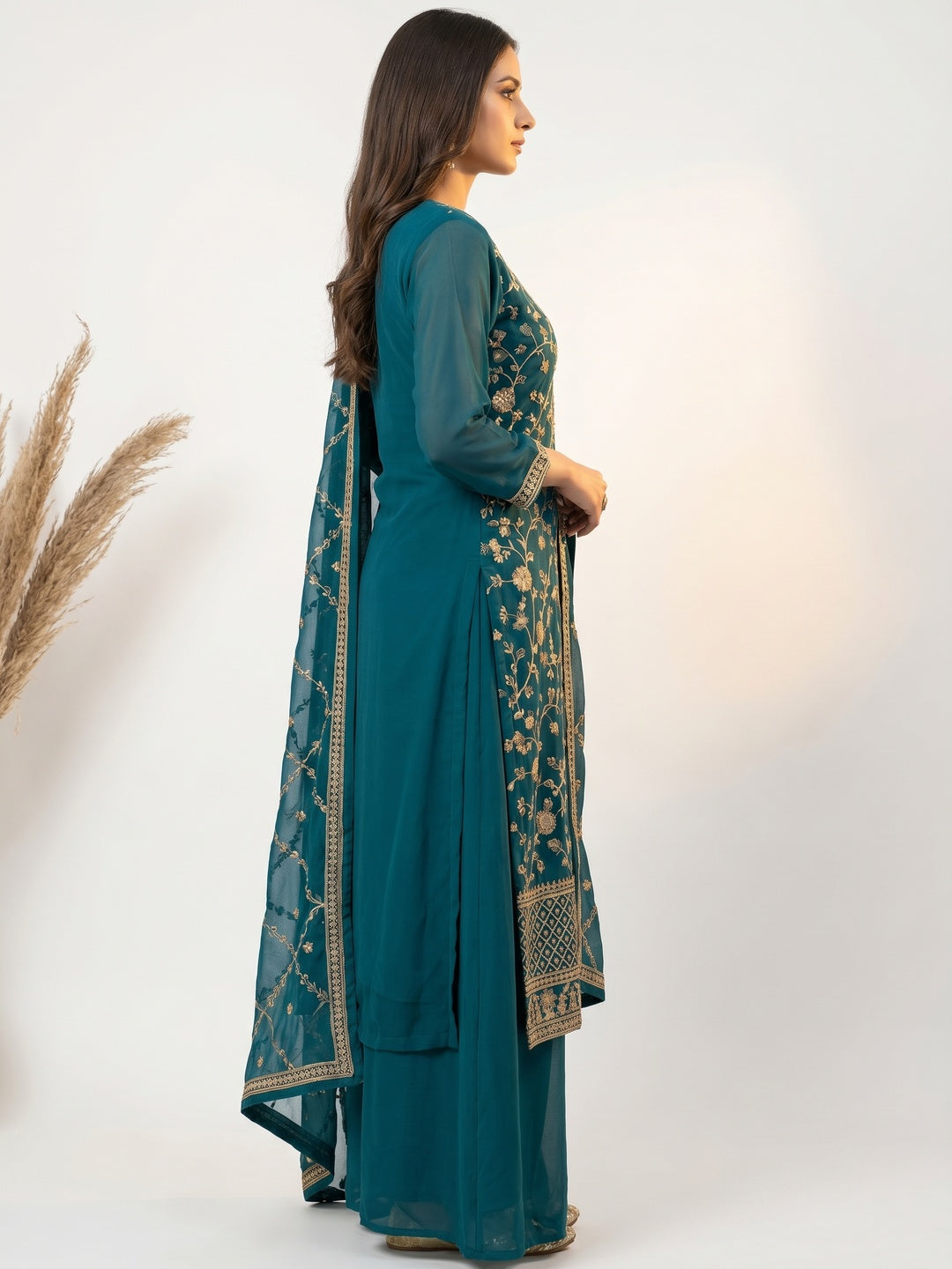 Teal Floral Embroidered Georgette Dress Material - Image 2