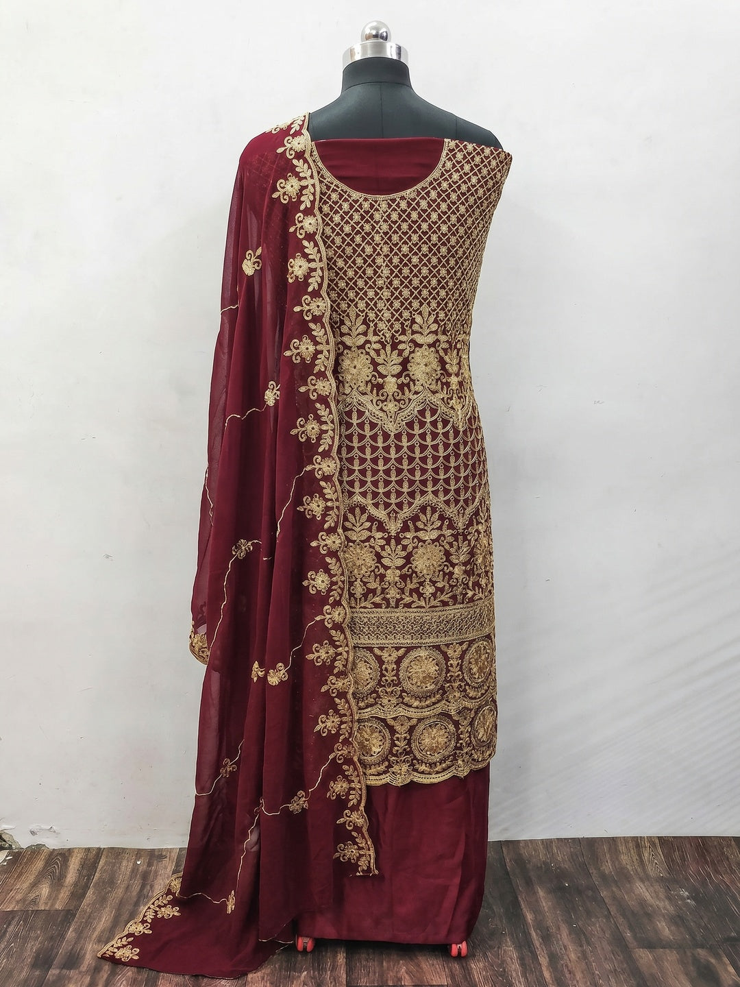 Maroon Floral Embroidered Georgette Dress Material - Image 3