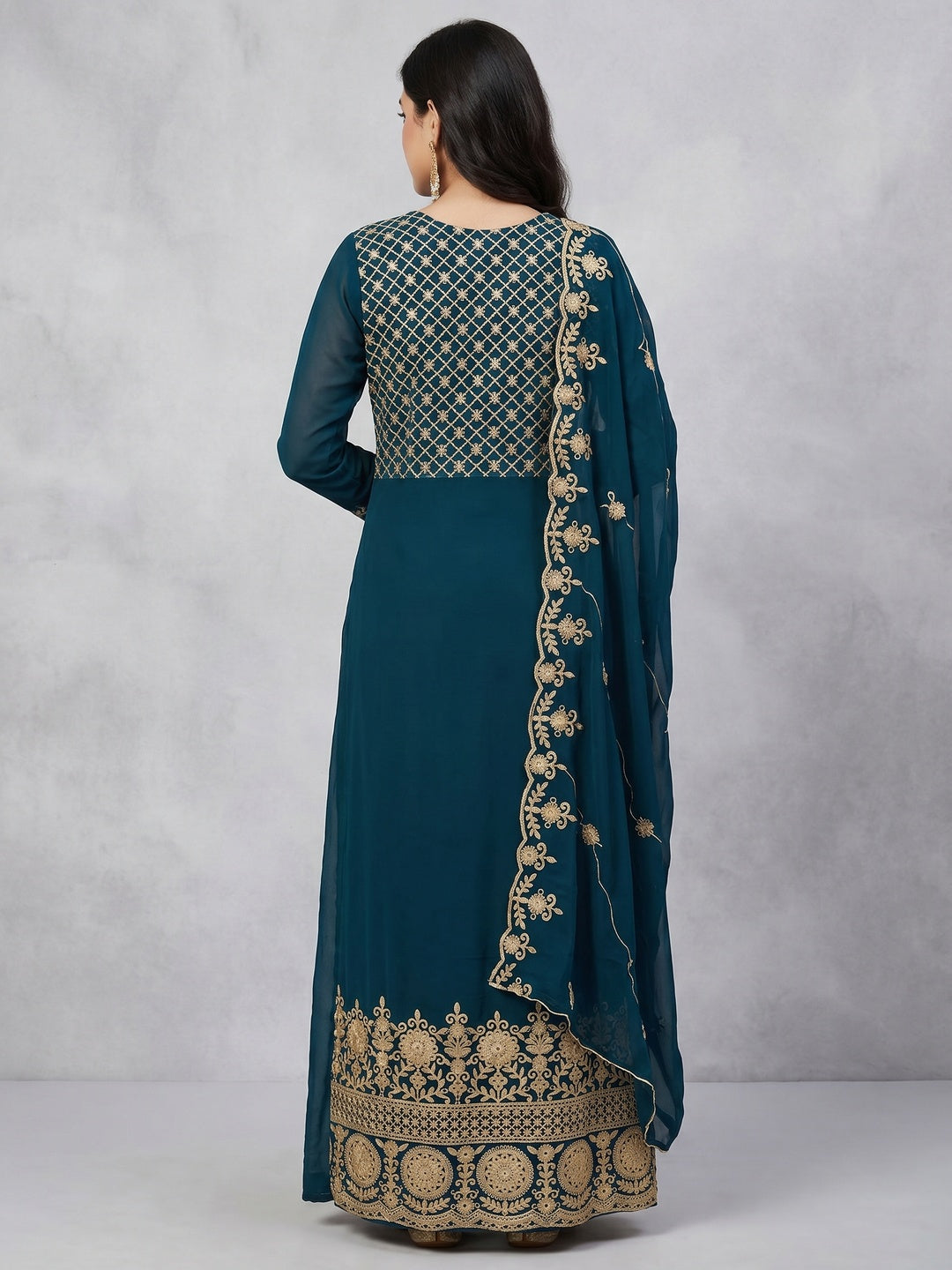 Teal Floral Embroidered Georgette Dress Material - Image 3