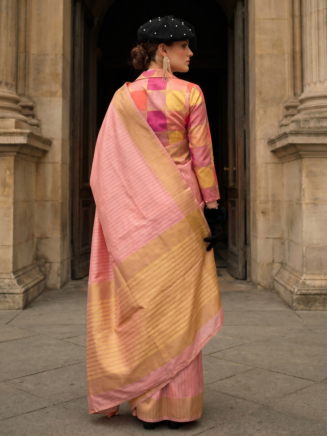 Peach Floral Woven Art Silk Saree With Tassels - Image 1