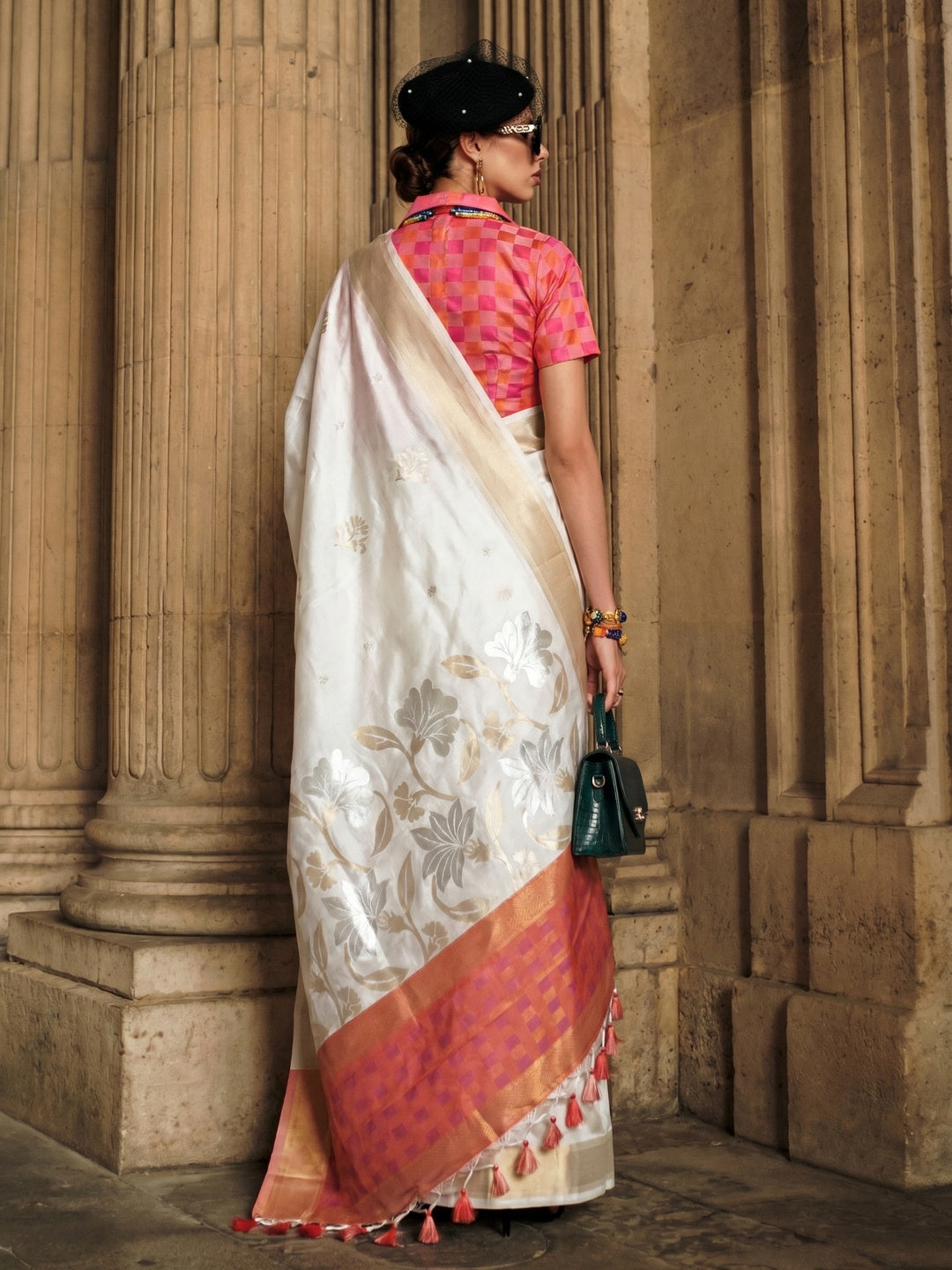 White Floral Woven Art Silk Saree With Tassels - Image 2