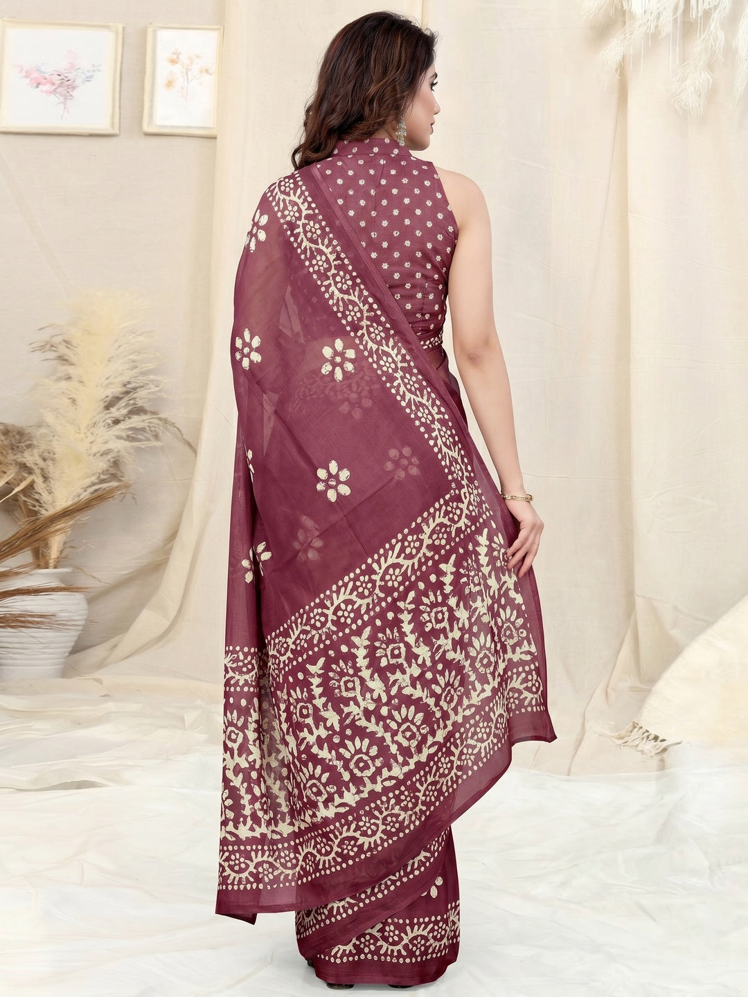 Wine Floral Printed Chiffon Saree - Image 1