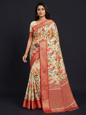 Cream Floral Digital Printed With Woven Border Dola Silk Saree - Image 1