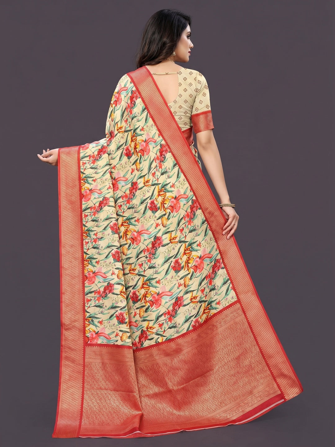 Cream Floral Digital Printed With Woven Border Dola Silk Saree - Image 3