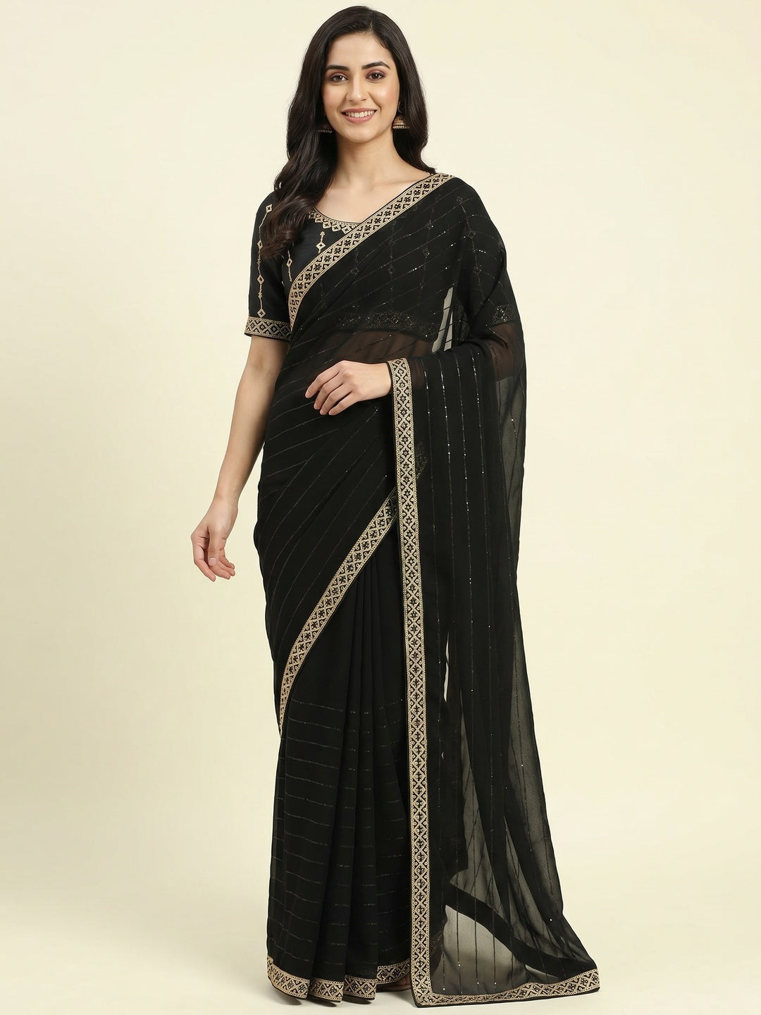 Black Embroidered Georgette Saree - Image 1