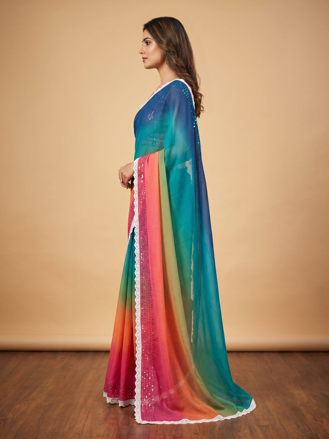 Multicolor Sequins Embroidered Georgette Saree - Image 3