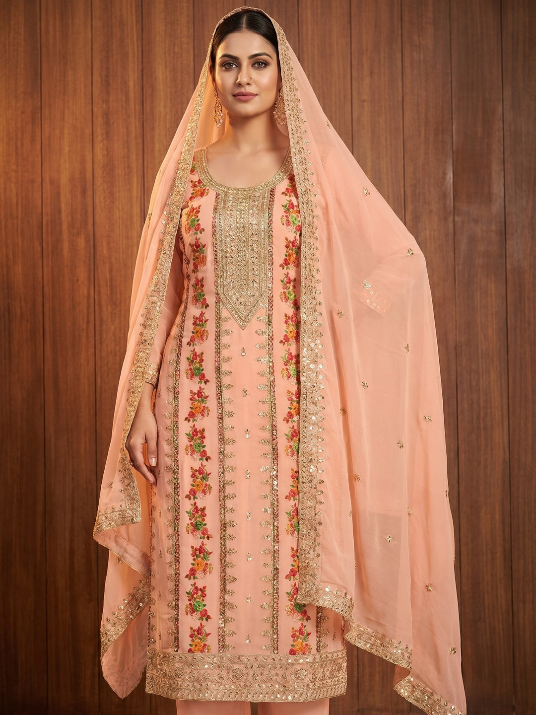 Peach Floral Embroidered With Printed Georgette Dress Material - Image 1