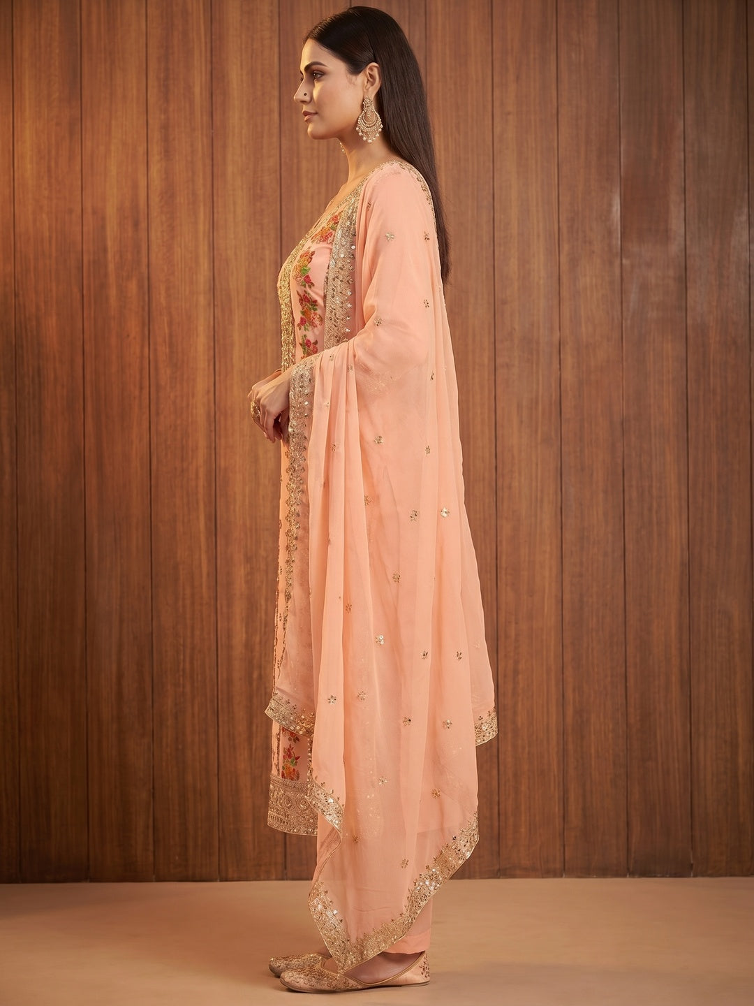 Peach Floral Embroidered With Printed Georgette Dress Material - Image 3