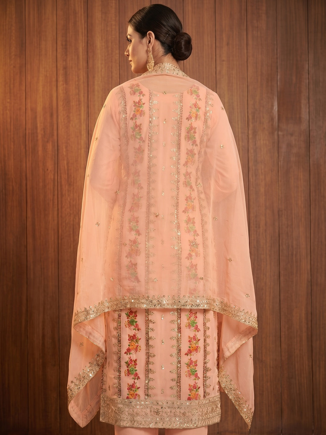 Peach Floral Embroidered With Printed Georgette Dress Material - Image 2