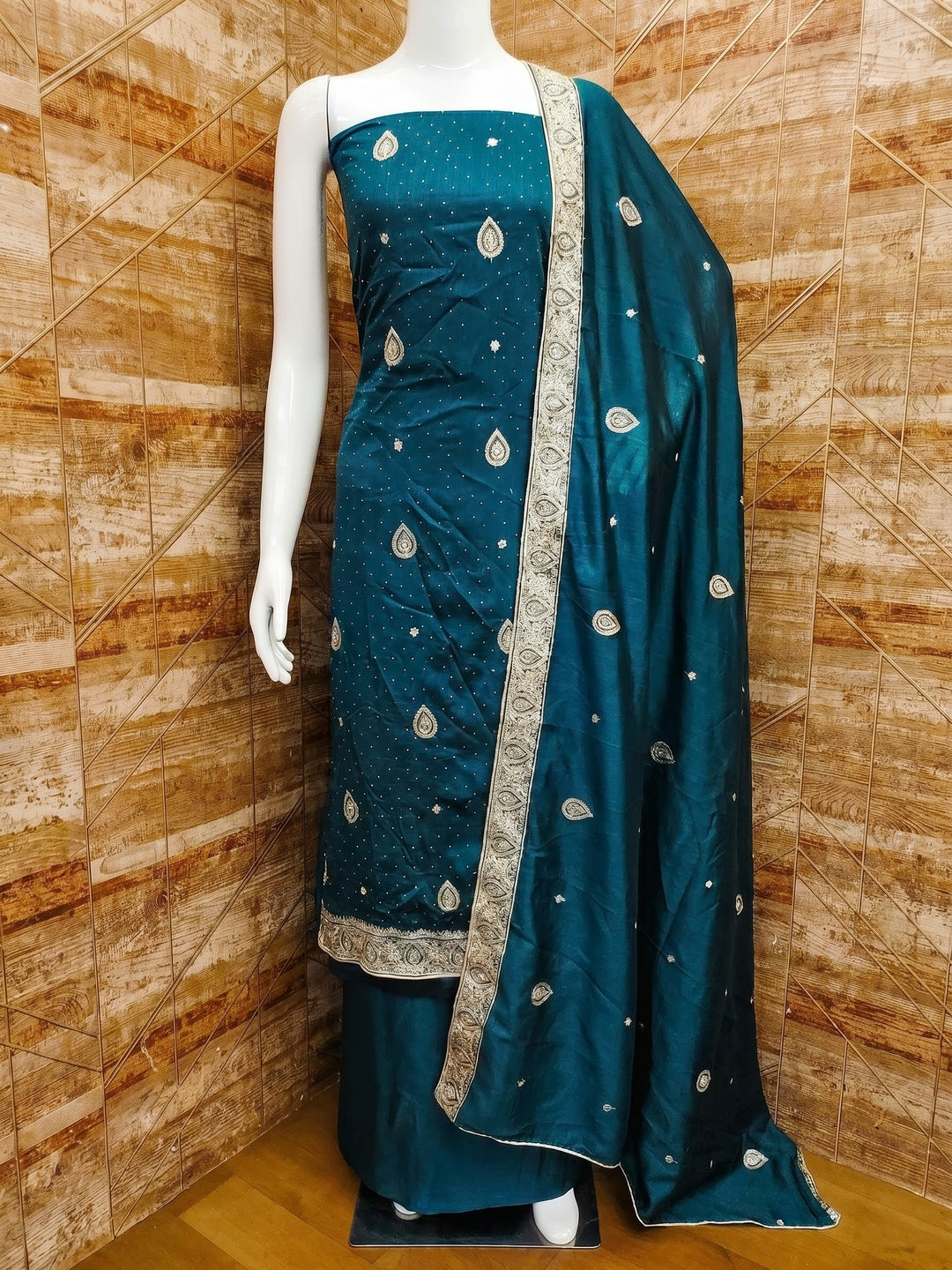 Teal Blue Embroidered Vichitra Silk Dress Material - Image 1