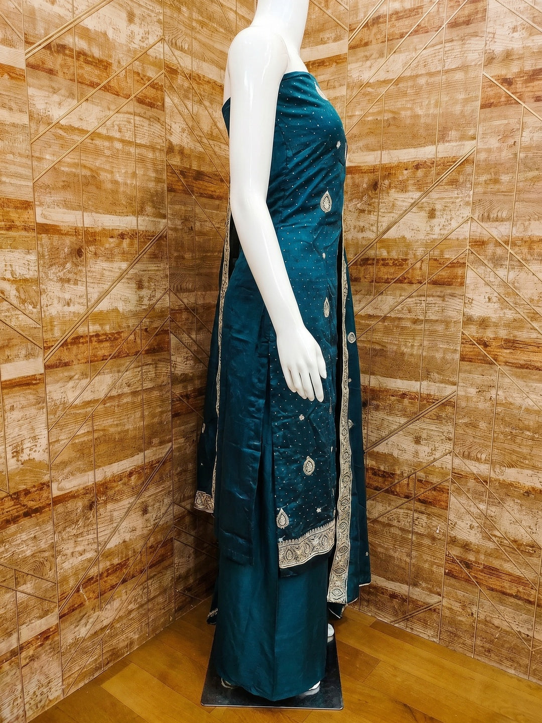 Teal Blue Embroidered Vichitra Silk Dress Material - Image 3
