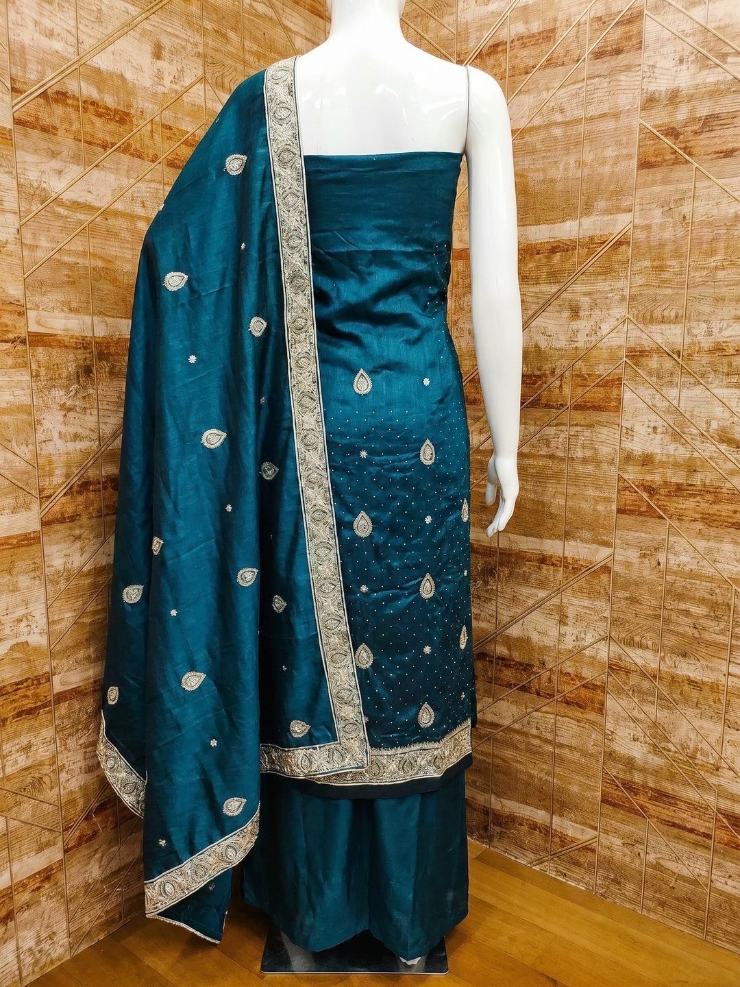Teal Blue Embroidered Vichitra Silk Dress Material - Image 2