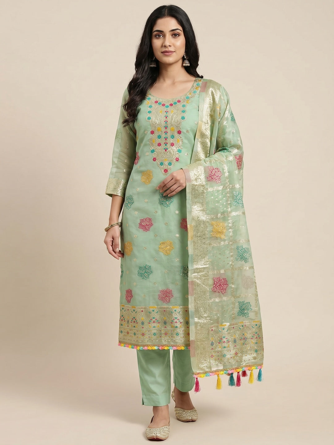 Green Floral Woven Organza Dress Material - Image 1