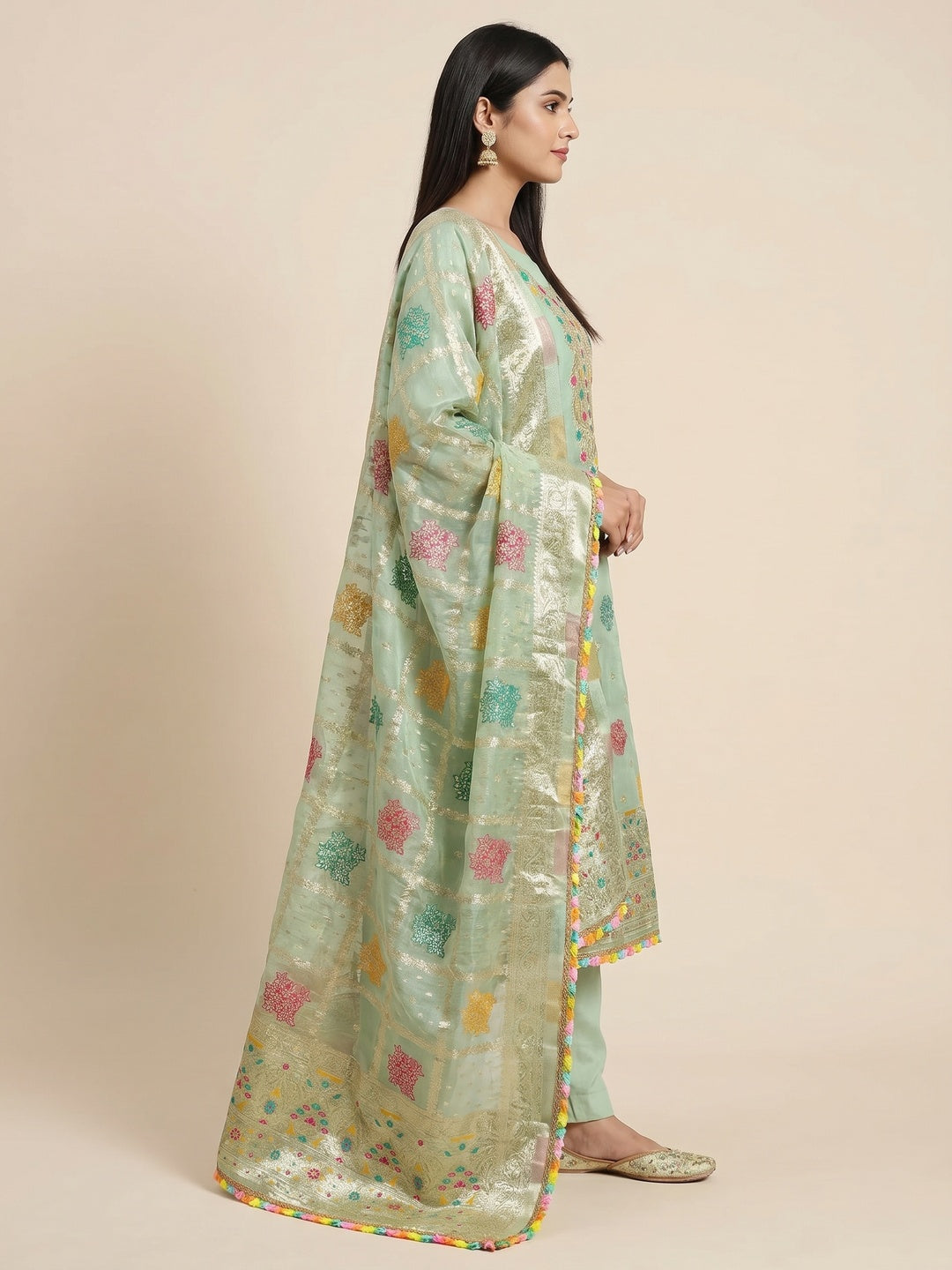 Green Floral Woven Organza Dress Material - Image 3
