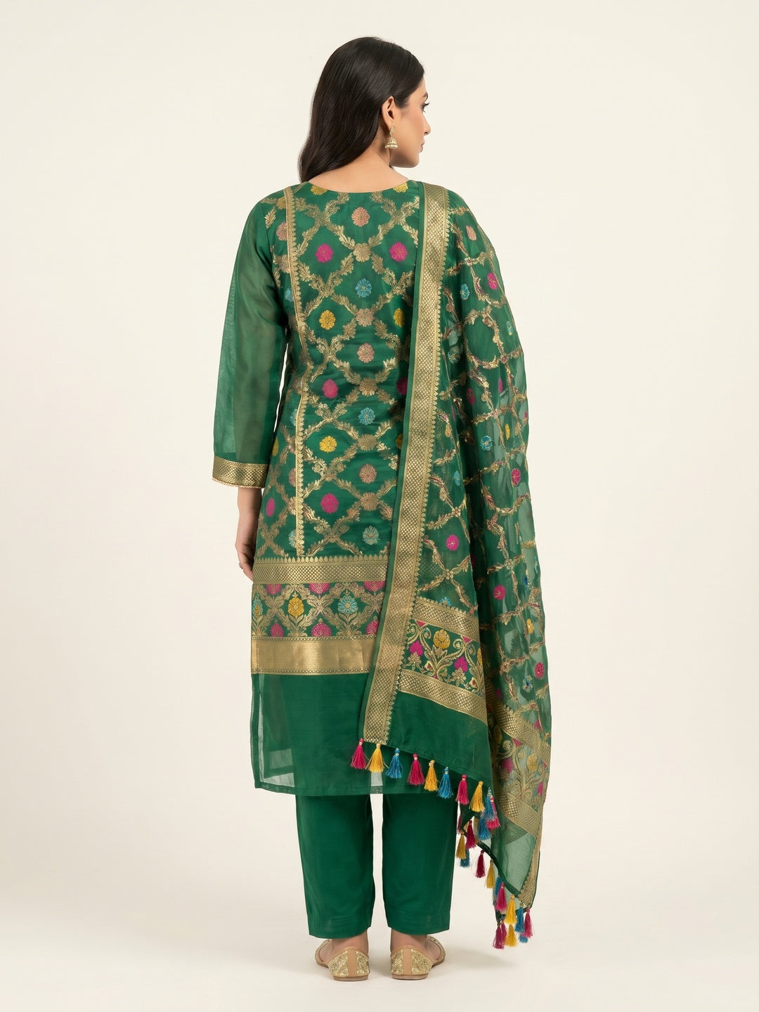 Green Floral Woven Organza Dress Material - Image 2