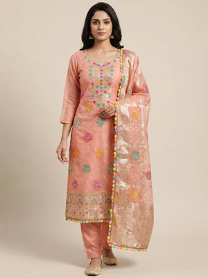 Peach Floral Woven Organza Dress Material - Image 1