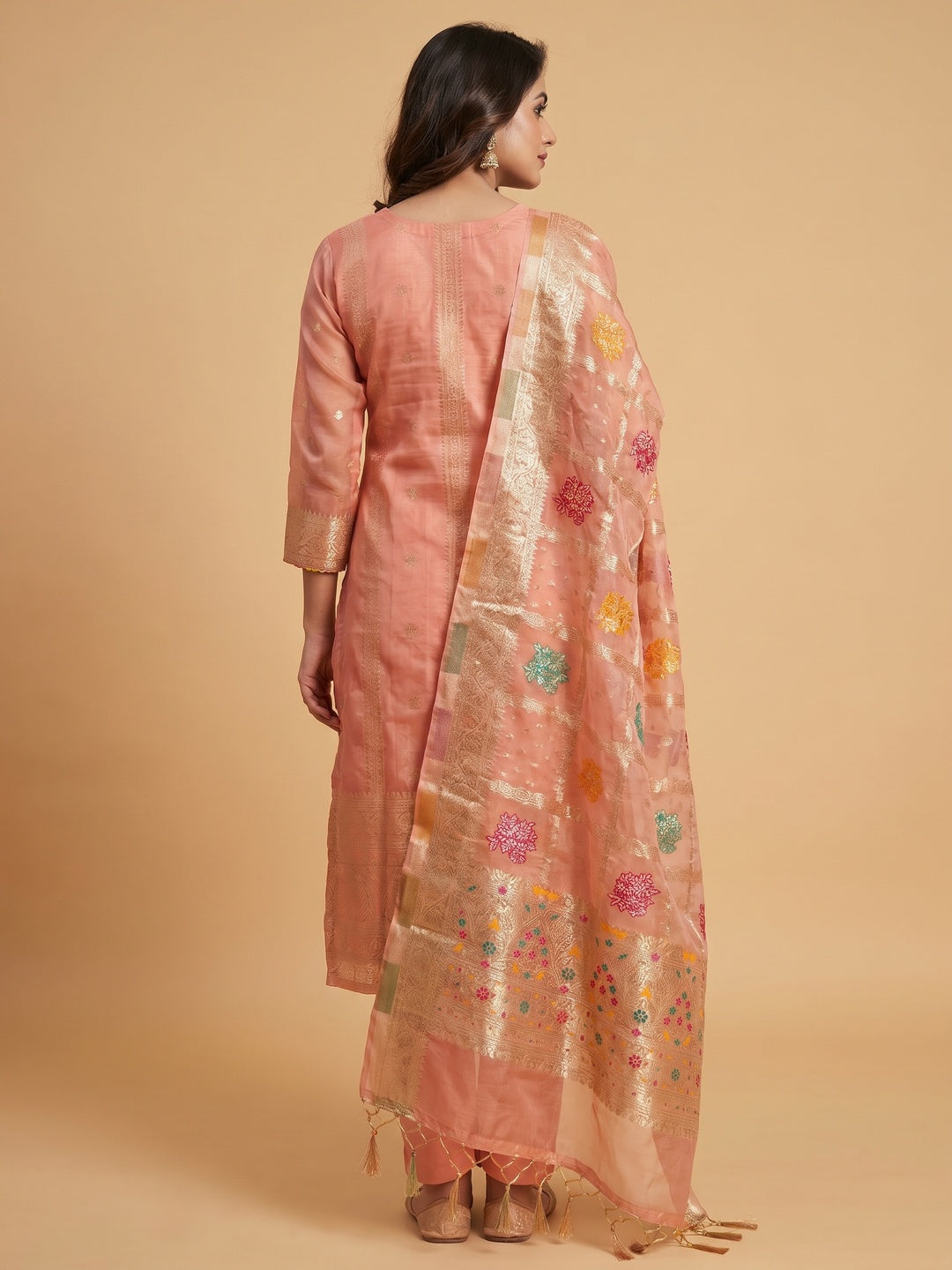Peach Floral Woven Organza Dress Material - Image 2