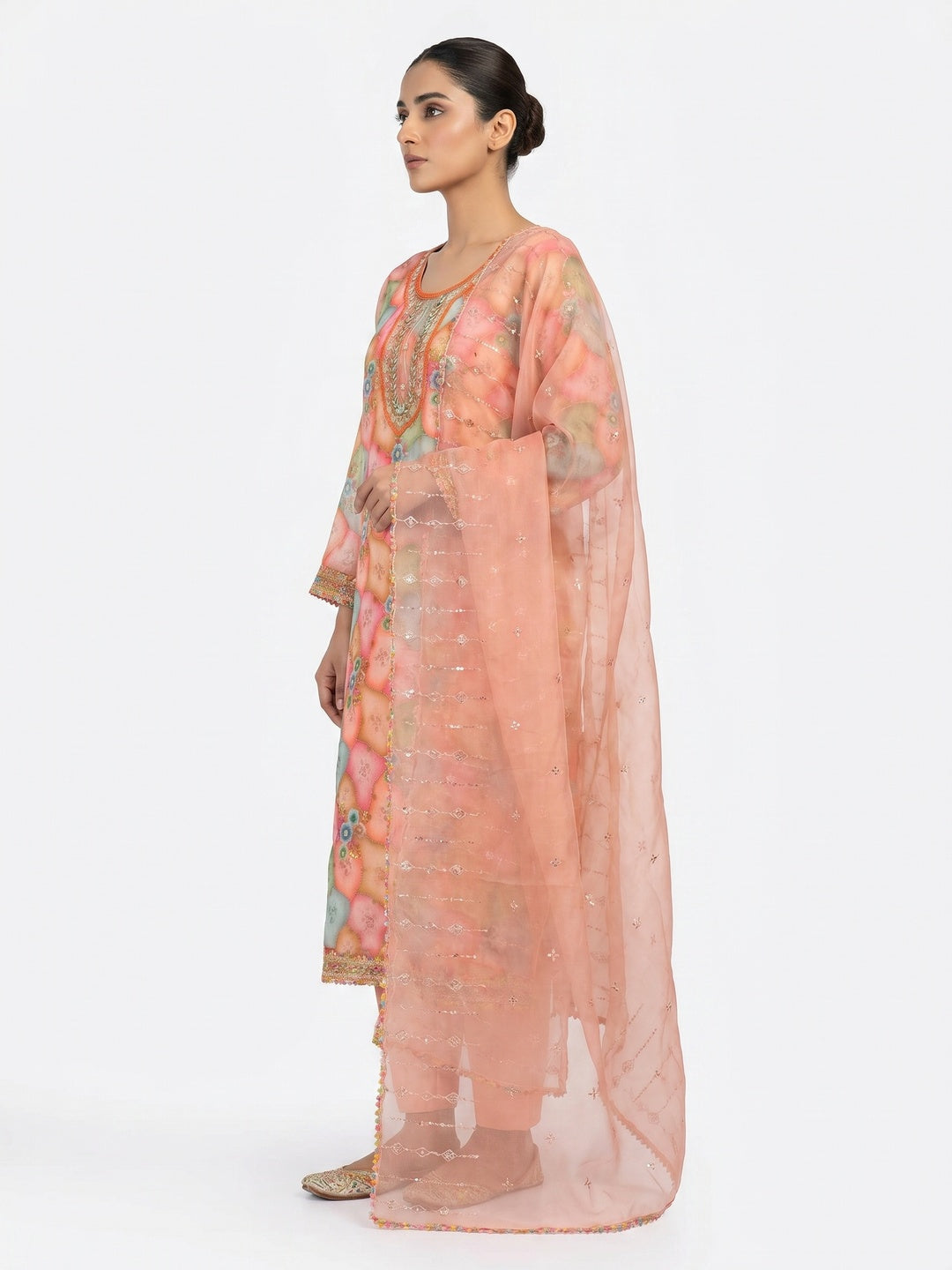 Peach Floral Printed Organza Dress Material - Image 2