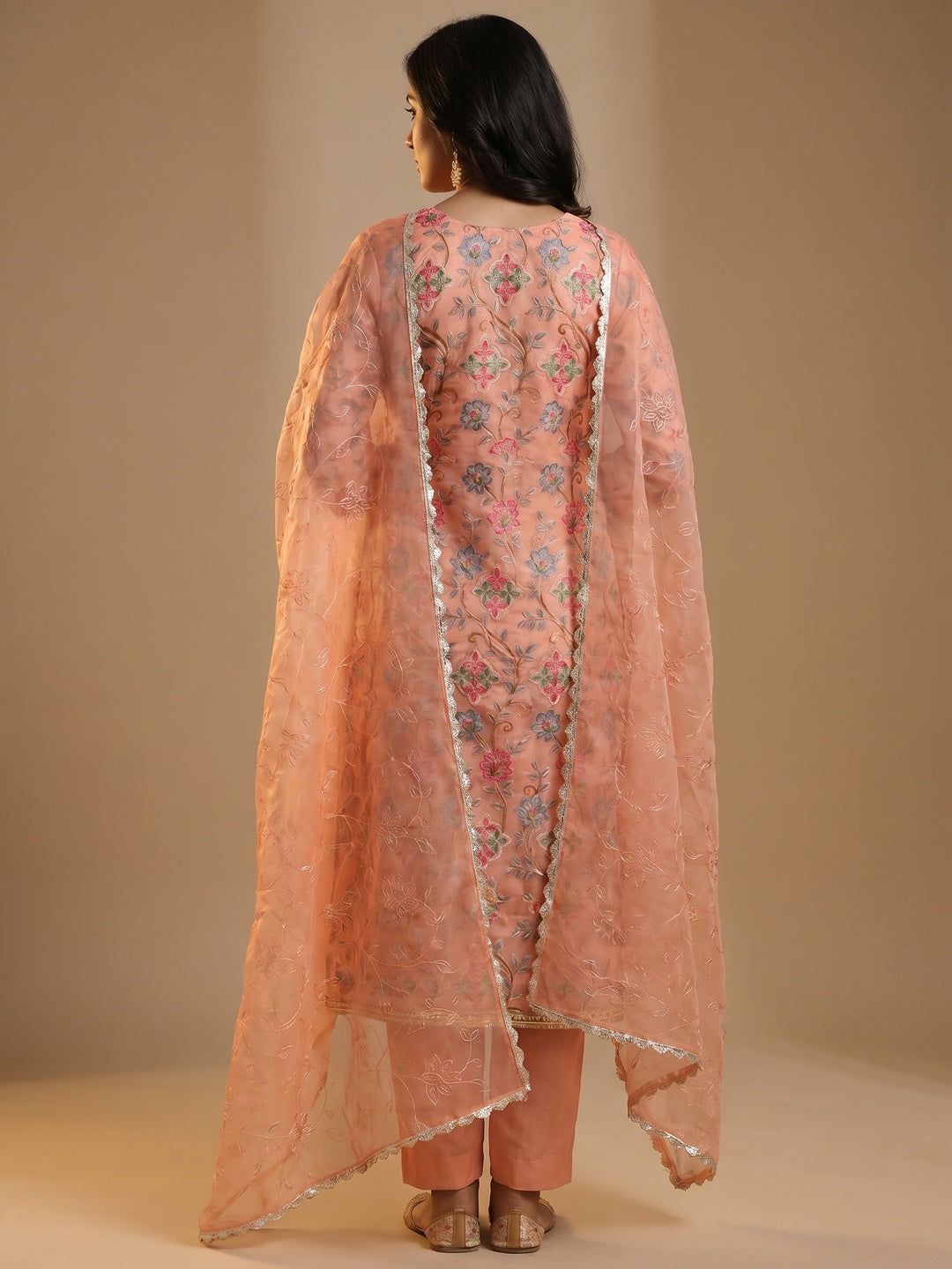 Peach Floral Printed Organza Dress Material - Image 3