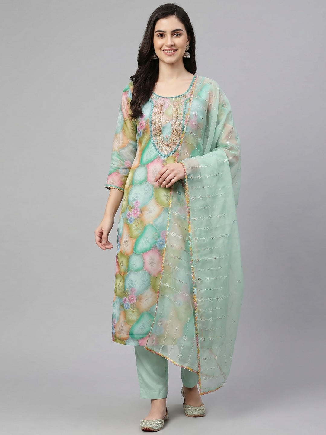 Green Floral Printed Organza Dress Material - Image 1