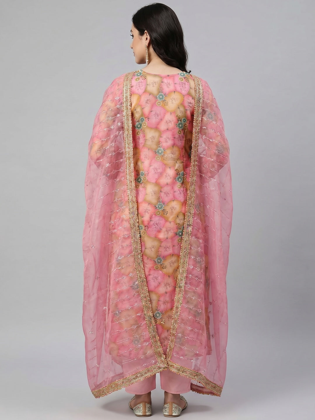 Pink Floral Printed Organza Dress Material - Image 3