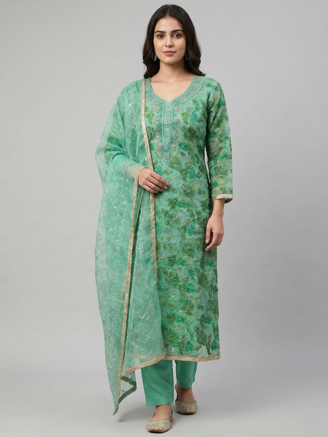 Green Floral Printed Organza Dress Material - Image 1