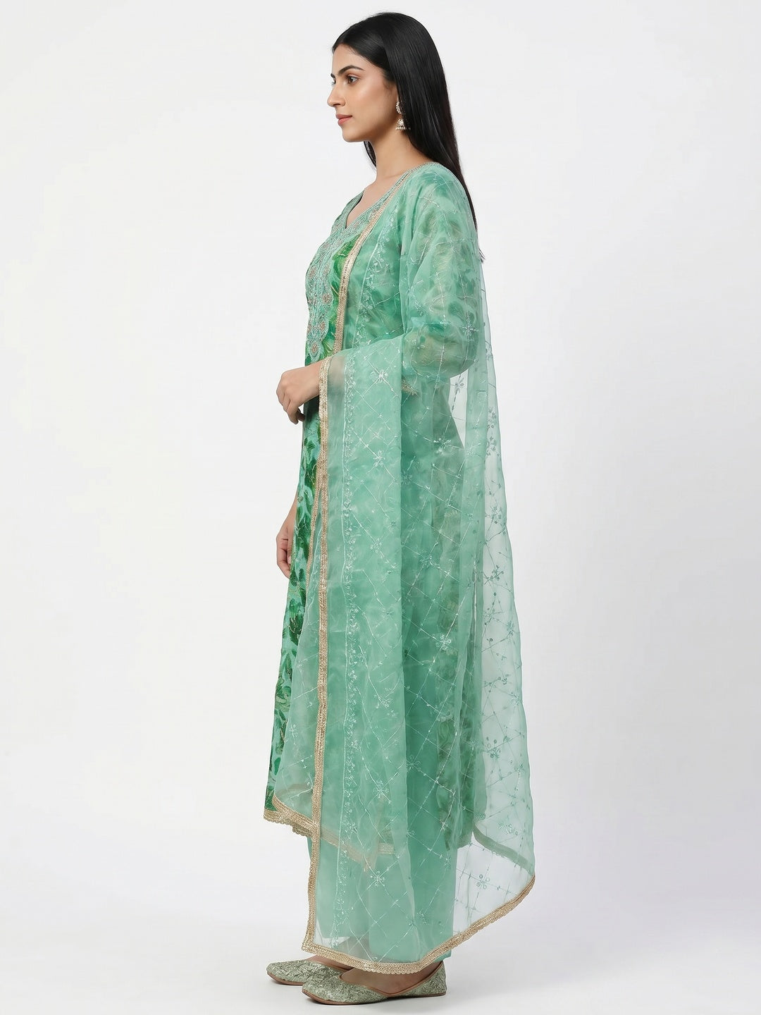 Green Floral Printed Organza Dress Material - Image 2