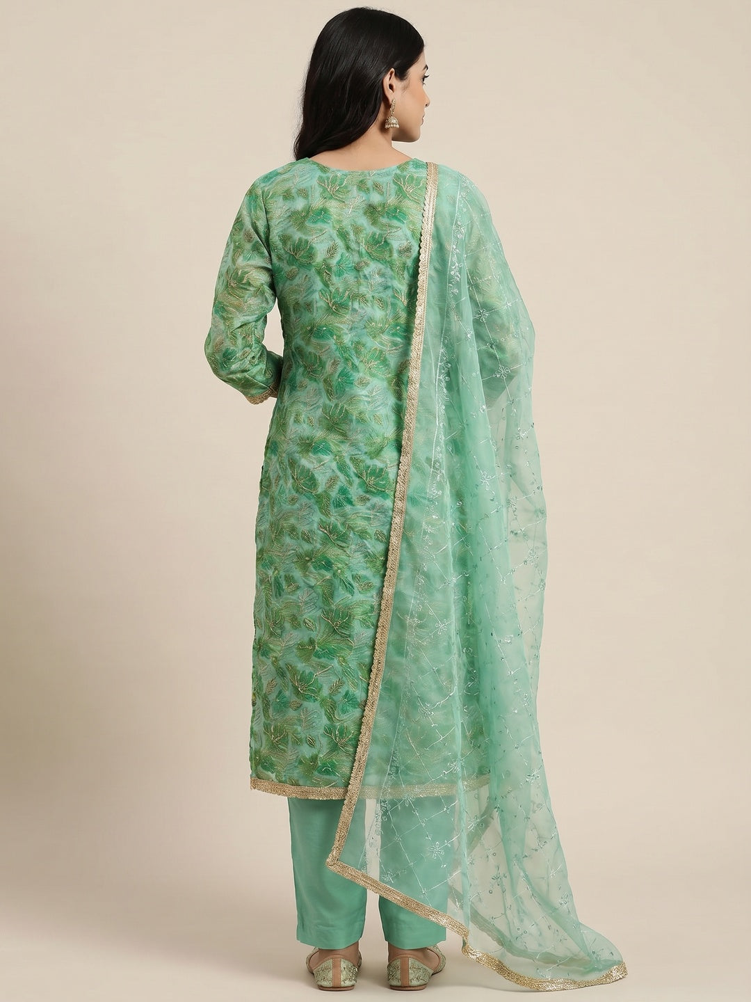 Green Floral Printed Organza Dress Material - Image 3